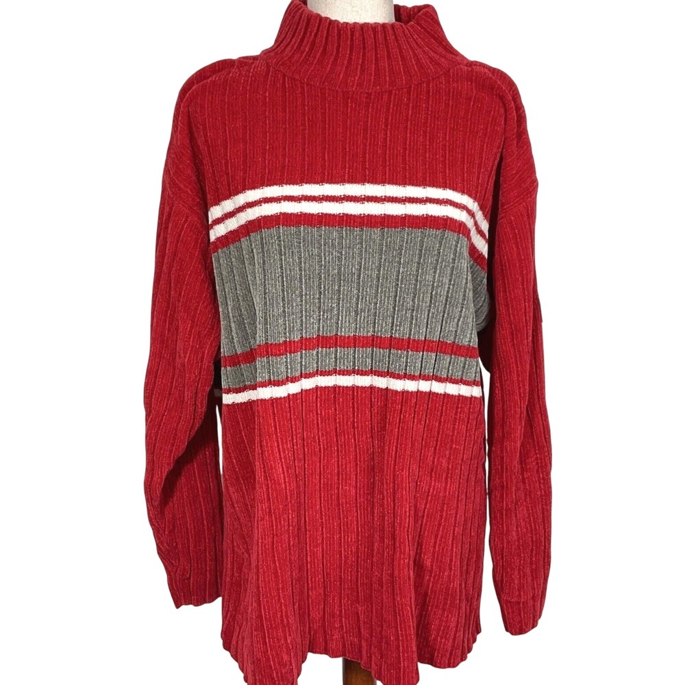 Southpole‎ Sweater Men Large Red Gray White Stripe Chenille Pullover Buckeye